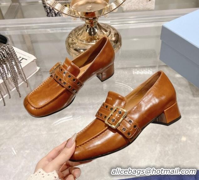 Low Price Prada Leather Loafers with Openwork Band Tan Brown 1227084