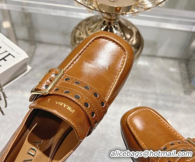 Low Price Prada Leather Loafers with Openwork Band Tan Brown 1227084