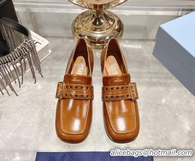 Low Price Prada Leather Loafers with Openwork Band Tan Brown 1227084