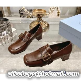 Top Design Prada Leather Loafers with Openwork Band Dark Brown 1227085