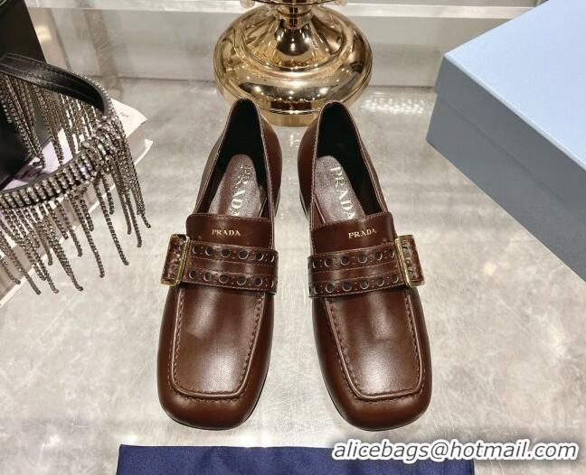 Top Design Prada Leather Loafers with Openwork Band Dark Brown 1227085