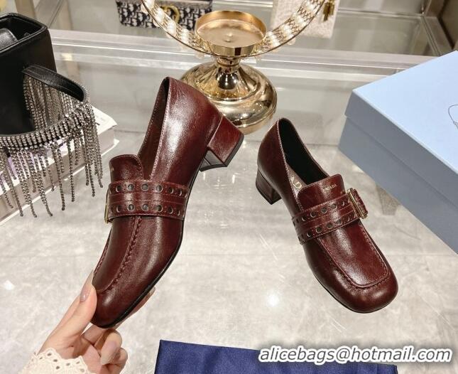 Best Grade Prada Leather Loafers with Openwork Band Dark Burgundy 1227086