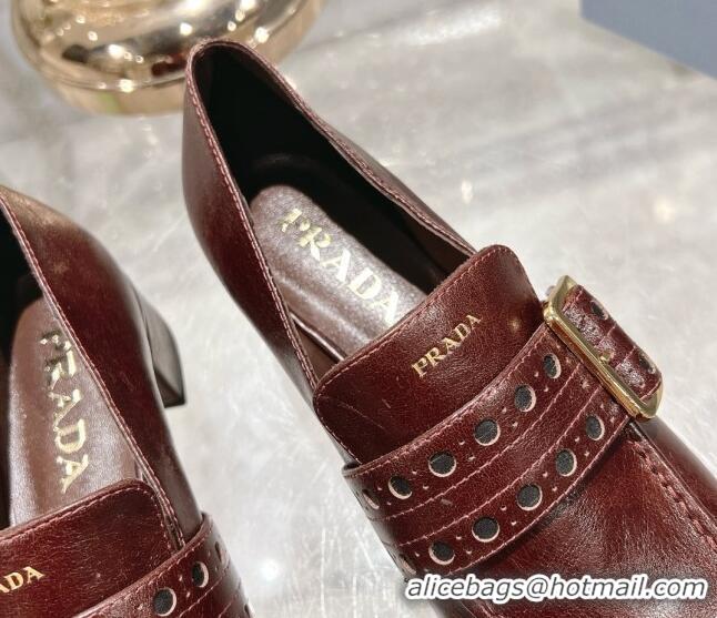 Best Grade Prada Leather Loafers with Openwork Band Dark Burgundy 1227086