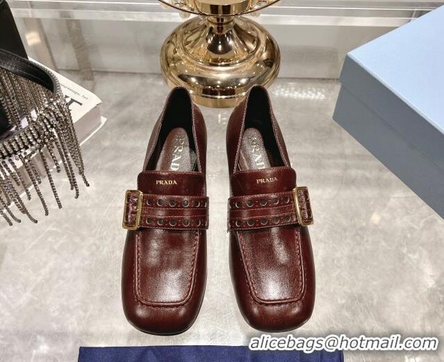 Best Grade Prada Leather Loafers with Openwork Band Dark Burgundy 1227086