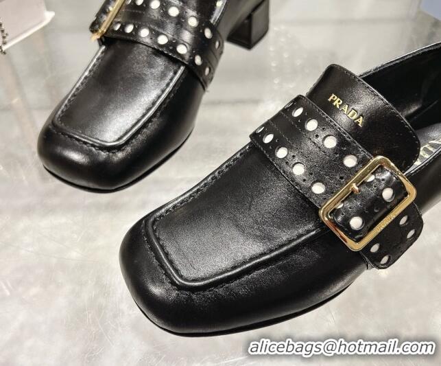 Top Grade Prada Leather Loafers with Openwork Band Black 1227087