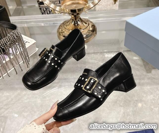 Top Grade Prada Leather Loafers with Openwork Band Black 1227087