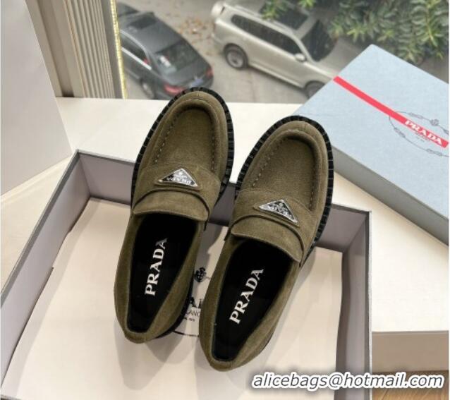 Best Price Prada Suede Platform Loafers Green 1227088