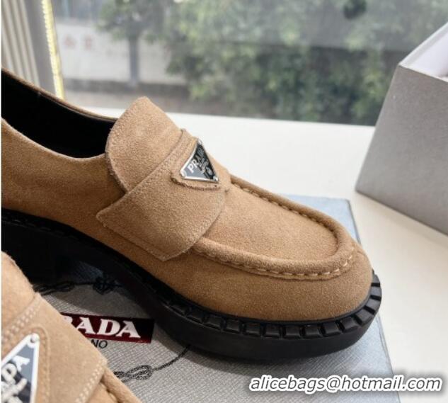 Popular Style Prada Suede Platform Loafers Dark Beige 1227090