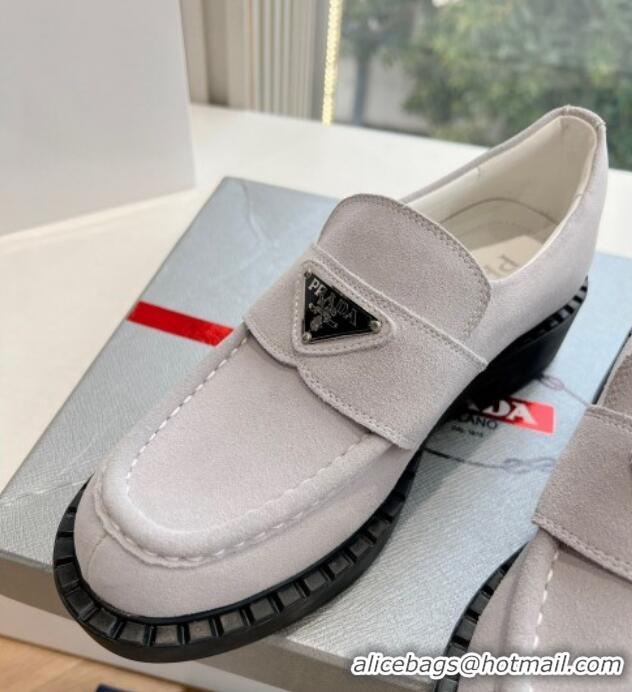 Shop Duplicate Prada Suede Platform Loafers Light Grey 1227094