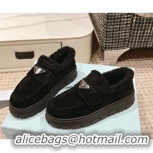 Top Grade Prada Suede and Shearling Platform Loafers Black 1227096