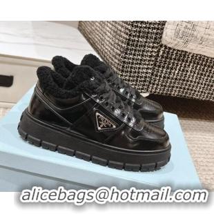 Stylish Prada Brushed Leather and Shearling Mid-top Platform Sneakers Black 1227105