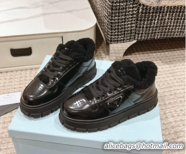 Stylish Prada Brushed Leather and Shearling Mid-top Platform Sneakers Black 1227105