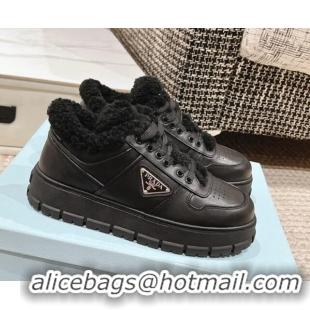 Sophisticated Prada Calf Leather and Shearling Mid-top Platform Sneakers Black 1227106