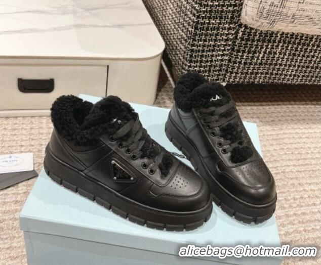 Sophisticated Prada Calf Leather and Shearling Mid-top Platform Sneakers Black 1227106