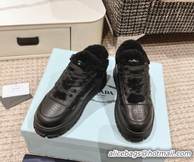 Sophisticated Prada Calf Leather and Shearling Mid-top Platform Sneakers Black 1227106