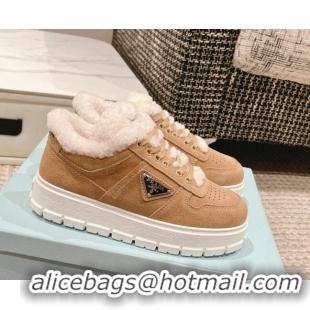 Duplicate Prada Suede and Shearling Mid-top Platform Sneakers Light Brown 1227107