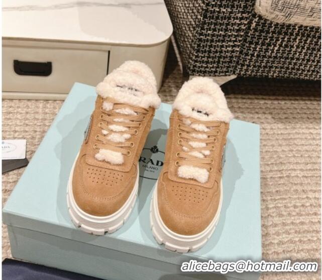 Duplicate Prada Suede and Shearling Mid-top Platform Sneakers Light Brown 1227107