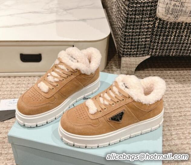 Duplicate Prada Suede and Shearling Mid-top Platform Sneakers Light Brown 1227107