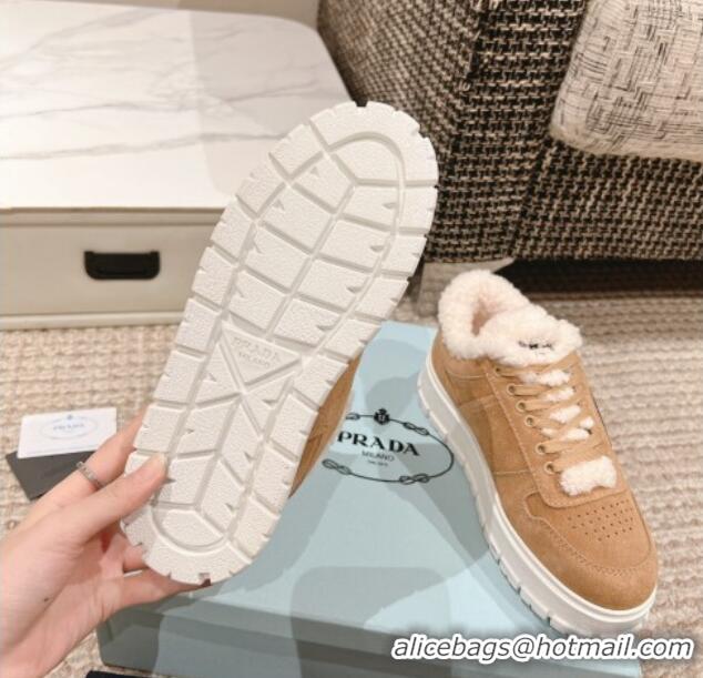 Duplicate Prada Suede and Shearling Mid-top Platform Sneakers Light Brown 1227107