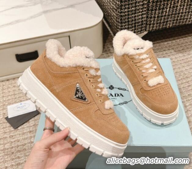 Duplicate Prada Suede and Shearling Mid-top Platform Sneakers Light Brown 1227107