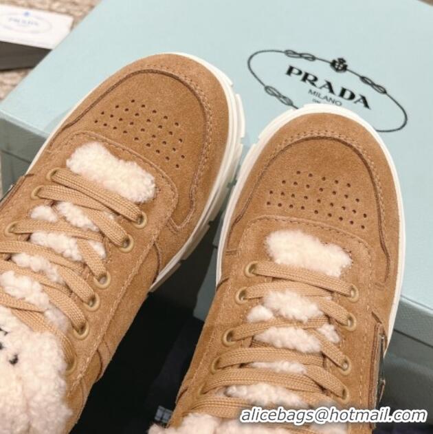 Duplicate Prada Suede and Shearling Mid-top Platform Sneakers Light Brown 1227107