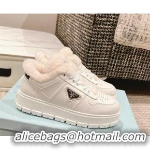 Luxury Cheap Prada Leather and Shearling Mid-top Platform Sneakers White 1227108