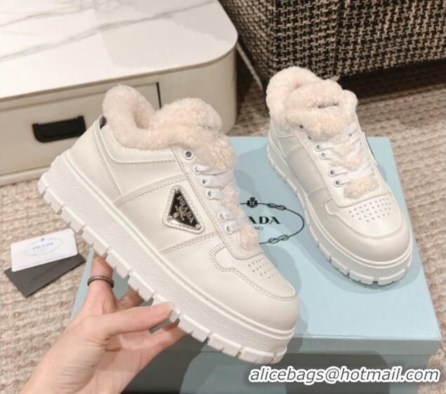 Luxury Cheap Prada Leather and Shearling Mid-top Platform Sneakers White 1227108