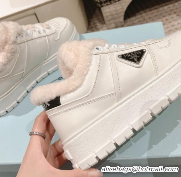 Luxury Cheap Prada Leather and Shearling Mid-top Platform Sneakers White 1227108