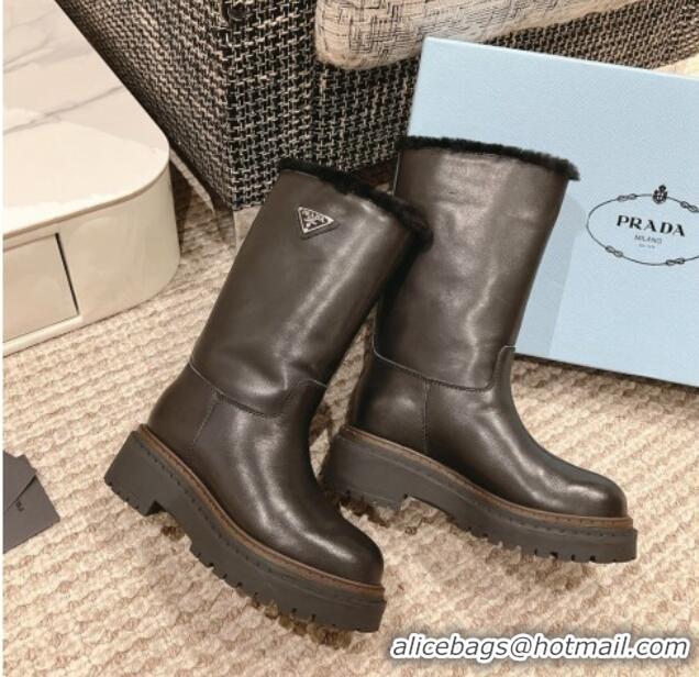 Luxury Prada Leather and Shearling Platform Short Boots Black 1227109