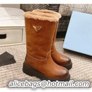 Cheap Price Prada Leather and Shearling Platform Short Boots Brown 1227110