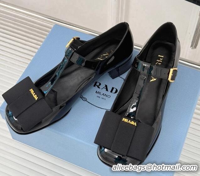 Good Quality Prada Patent Leather Mary Janes pumps with Bow Black 1227118