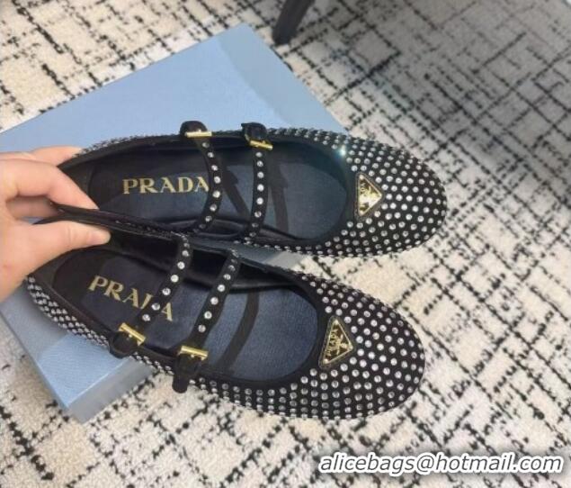 Sophisticated Prada Black Suede ballerinas flat with Strass Allover and Double Strap 1227120