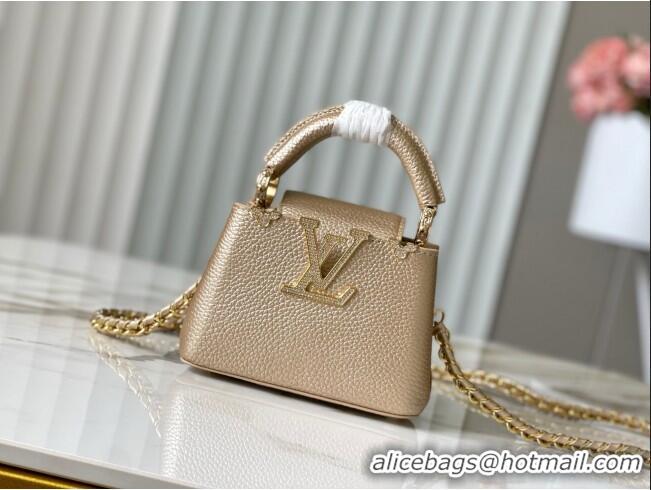 Famous Brand Louis Vuitton Capucines Nano Bag with Strass Hardware in Gold Taurillon Leather M24583 2025