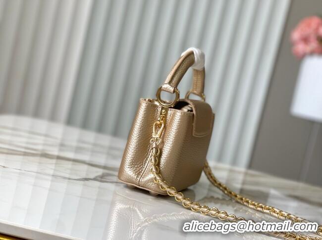 Famous Brand Louis Vuitton Capucines Nano Bag with Strass Hardware in Gold Taurillon Leather M24583 2025