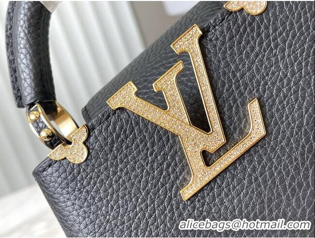 Top Grade Louis Vuitton Capucines Nano Bag with Strass Hardware in Black Taurillon Leather M24583 2025