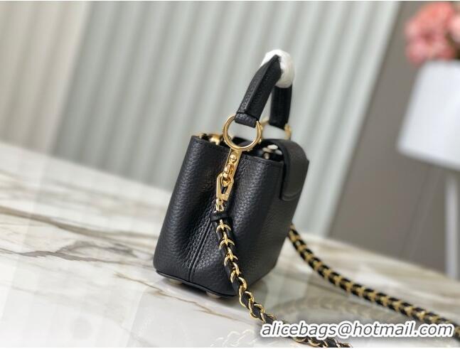 Top Grade Louis Vuitton Capucines Nano Bag with Strass Hardware in Black Taurillon Leather M24583 2025