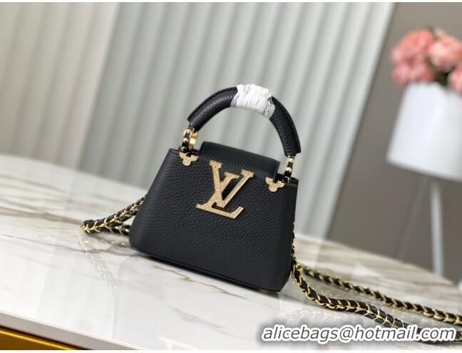 Top Grade Louis Vuitton Capucines Nano Bag with Strass Hardware in Black Taurillon Leather M24583 2025