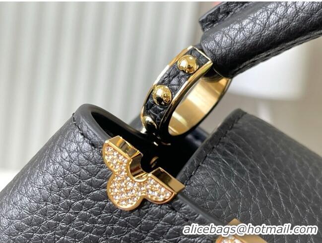 Top Grade Louis Vuitton Capucines Nano Bag with Strass Hardware in Black Taurillon Leather M24583 2025