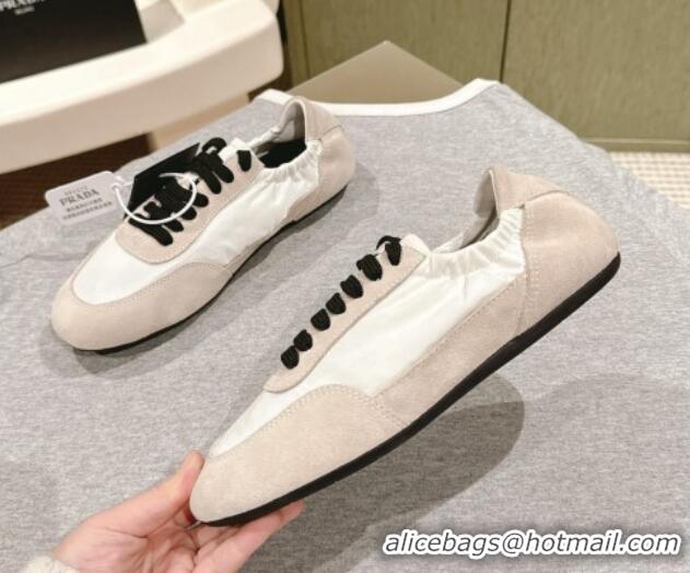 Luxurious Prada Women's Collapse Re-Nylon and suede elasticized sneakers Ivory White/Beige 1227123