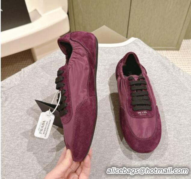 Perfect Prada Women's Collapse Re-Nylon and suede elasticized sneakers Burgundy 1227124