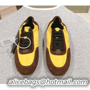 Unique Discount Prada Women's Collapse Re-Nylon and suede elasticized sneakers Brown/Yellow 1227127