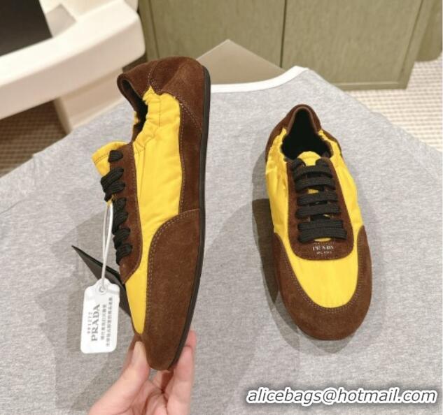 Unique Discount Prada Women's Collapse Re-Nylon and suede elasticized sneakers Brown/Yellow 1227127