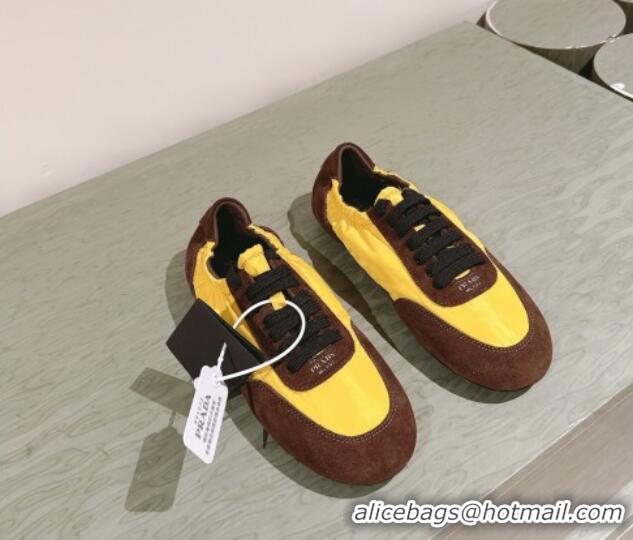 Unique Discount Prada Women's Collapse Re-Nylon and suede elasticized sneakers Brown/Yellow 1227127