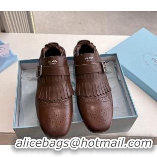 Fashion Luxury Prada Openwork Leather elasticized loafers with Fringe Dark Brown 1227133