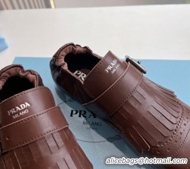 Fashion Luxury Prada Openwork Leather elasticized loafers with Fringe Dark Brown 1227133