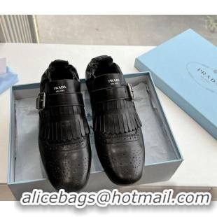 Low Cost Prada Openwork Leather elasticized loafers with Fringe Black 1227134