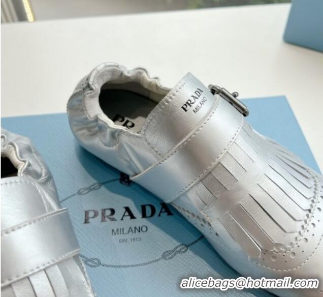 Charming Prada Openwork Leather elasticized loafers with Fringe Silver 1227135