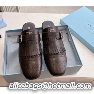 Low Price Prada Openwork Leather elasticized mules with Fringe Fondant Brown 1227136