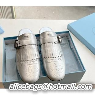 Purchase Prada Openwork Leather elasticized mules with Fringe Silver 1227138