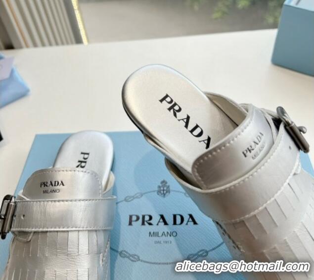 Purchase Prada Openwork Leather elasticized mules with Fringe Silver 1227138